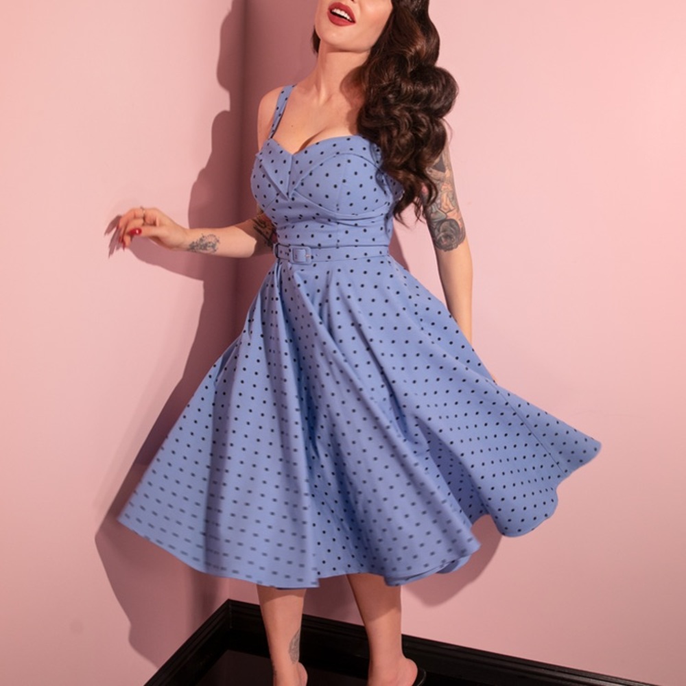 Vixen by Micheline Pitt Blue Polka Dot Swing Dress - Picture 8 of 16